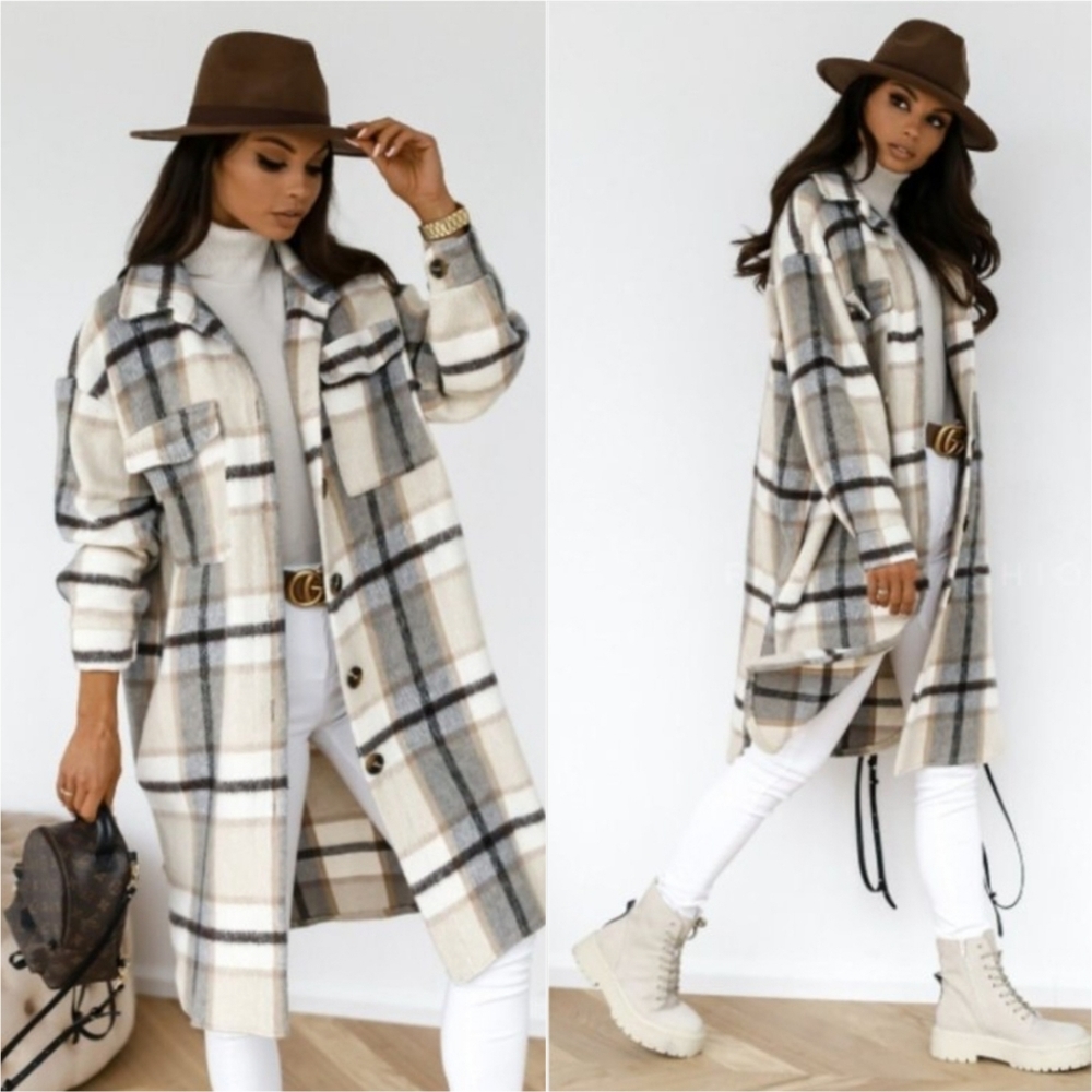Flannel Plaid Shacket Oversized fit Shirt Jacket Large Cream Tan Gray multi - Picture 2 of 6